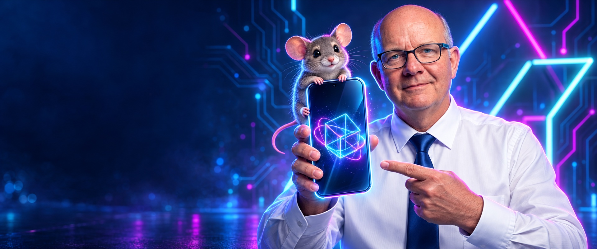 Toni präsentiert im Neonlicht ein Smartphone, auf dem eine süße Maus sitzt