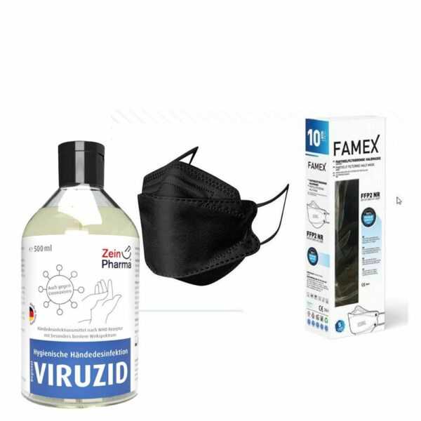 Famex Ffp2 Maske schwarz 5-lagig, 10 Stück + Händesdesinfektionsmittel 500 ml ZeinPharma