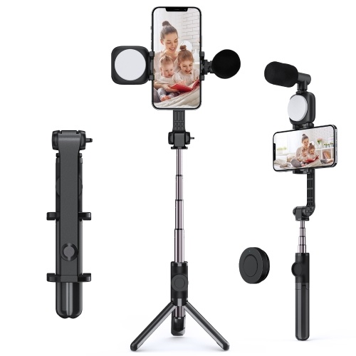 Andoer F3 Smartphone Video Kit Telefon-Video-Rig mit wiederaufladbarer LED-Videoleuchte + Mini-Mikrofon + dehnbarem Selfie-Stick-Stativ