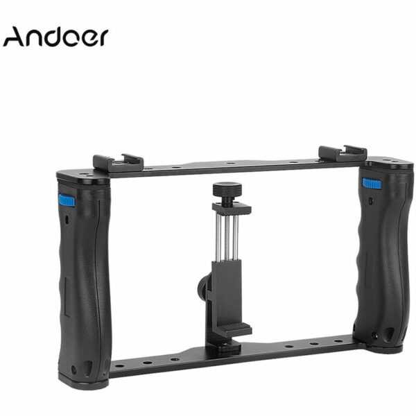 Andoer - Professional Dual Handheld Smartphone Fotohalterung Halter Cage Rig DIY Telefon Videostabilisator mit Telefonklemme Clip 1/4 Zoll