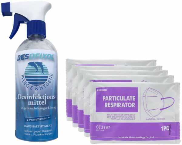 Desinfektionsspray für Oberflächen 500 ml und 5 Stueck FFP2 Maske