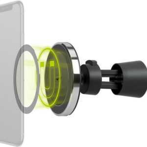 Goobay Magnethalterung mit kabelloser Schnellladefunktion 10 W, Schwarz-Silber - der Magnethalter für den Lüftungsschacht und Schnellladetechnik für Smartphones mit Qi-Standard (66310)
