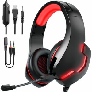 Kabelgebundene Kopfhörer - Überwachungskopfhörer kompatibel Smartphone Tablet - schwarz rot + Übertragungskabel