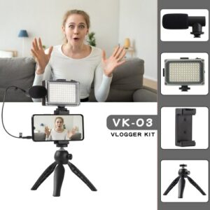 Tragbares Smartphone-Video-Kit Telefon-Video-Rig mit LED-Fülllicht 5500K / 3200K + Nierenmikrofon + verstellbarer Telefonhalter + Mini-Desktop-Kugelkopfstativ für Live-Streaming von Vlog-Videoaufzeichnungen
