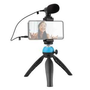 Tragbares Smartphone-Video-Kit Telefon-Video-Rig mit Nierenmikrofon + verstellbarem Telefonhalter + Mini-Desktop-Kugelkopf-Stativ für Telefon-Vlog-Videoaufzeichnung Live-Streaming