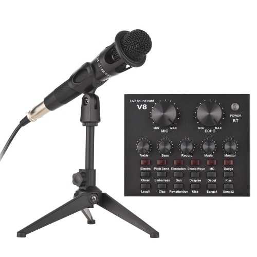 V8 Externes Live-Soundkarten-Mikrofon-Set Mini-Sound-Mixer-Board für Live-Streaming Karaoke-Gesang Musikaufnahme mit 12 lustigen Soundeffekten BT-Anschluss für Smartphone-Laptop-Tablet-PC