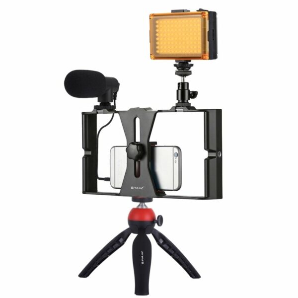 PULUZ PKT3023R 5-in-1-Vlogging-Live-Broadcast-Smartphone-Video-Rig-Kits mit LED-Videolichtmikrofon-Stativkopfstativ