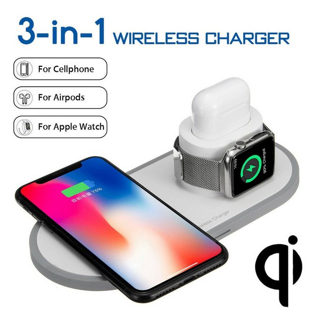 2Pace Smartphone-Dockingstation "2Pace® 3 in 1 QI Charger 10W Ladegerät Ladestation", Airpods Anschluss,Apple Watch Anschluss