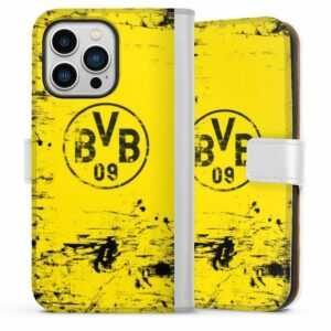 DeinDesign Handyhülle "BVB Destroyed Look" Apple iPhone 13 Pro, Hülle, Handy Flip Case, Wallet Cover, Handytasche Leder Borussia Dortmund Offizielles Lizenzprodukt BVB