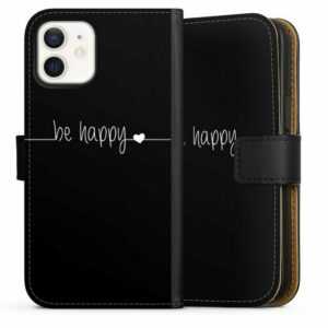 DeinDesign Handyhülle "Be Happy Black" Apple iPhone 12, Hülle, Handy Flip Case, Wallet Cover, Handytasche Leder Statement