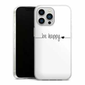 DeinDesign Handyhülle "Be Happy weisser Hintergrund" Apple iPhone 13 Pro, Silikon Hülle, Bumper Case, Handy Schutzhülle, Smartphone Cover Statement Sprüche Glück