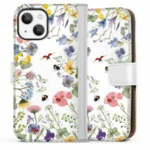 DeinDesign Handyhülle "Bunte Frühlingsblumen und Bienen" Apple iPhone 13 Mini, Hülle, Handy Flip Case, Wallet Cover, Handytasche Leder Biene Blumen Muster