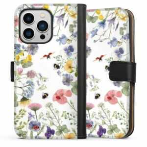 DeinDesign Handyhülle "Bunte Frühlingsblumen und Bienen" Apple iPhone 13 Pro, Hülle, Handy Flip Case, Wallet Cover, Handytasche Leder Biene Blumen Muster