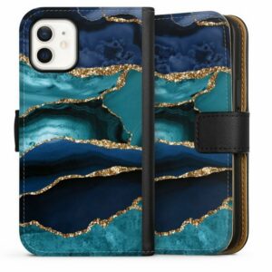 DeinDesign Handyhülle "Dark and Light Blue Marble Gold Glitter Look" Apple iPhone 12 mini, Hülle, Handy Flip Case, Wallet Cover, Handytasche Leder Marmor Trends