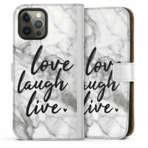 DeinDesign Handyhülle "Love, Laugh, Live Marmor" Apple iPhone 12 Pro Max, Hülle, Handy Flip Case, Wallet Cover, Handytasche Leder Marmor Sprüche