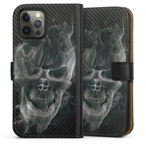 DeinDesign Handyhülle "Smoke Skull Carbon" Apple iPhone 12 Pro Max, Hülle, Handy Flip Case, Wallet Cover, Handytasche Leder Totenkopf