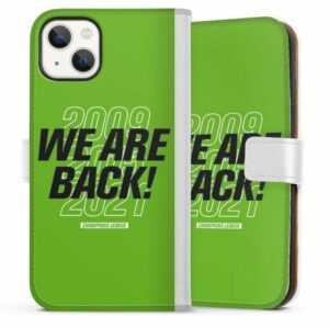 DeinDesign Handyhülle "We Are Back Green" Apple iPhone 13, Hülle, Handy Flip Case, Wallet Cover, Handytasche Leder VfL Wolfsburg Aufstieg Offizielles Lizenzprodukt
