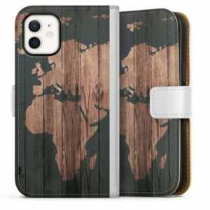DeinDesign Handyhülle "Wooden World Map" Apple iPhone 12 mini, Hülle, Handy Flip Case, Wallet Cover, Handytasche Leder Landkarte
