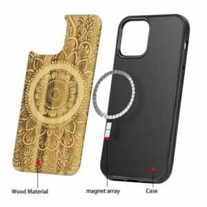 Wigento Smartphone-Hülle "Holzfurnier Mandala geprägte Magsafe Hülle Handy Tasche Bambus für Apple iPhone 12 Pro Max 6.7 Zoll"