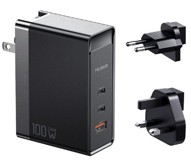 mcdodo "100W GaN 3 Port Wandladegerät Fast Charger 2x Typ-C + USB Anschlüsse Schnell-Ladegerät schwarz" Smartphone-Ladegerät