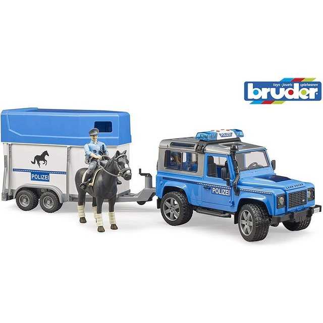 Bruder® Spielzeug-Polizei "Landrover Defender", Polizeifahrzeug mit Pferdeanhänger Pferd und Polizisten, Kinder Spielfahrzeug, Auto, Blau/Weiß