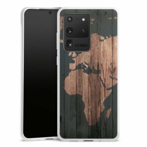 DeinDesign Handyhülle "Landkarte Holzoptik Weltkarte Wooden World Map", Samsung Galaxy S20 Ultra 5G Silikon Hülle Bumper Case Smartphone Cover