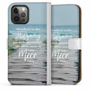 DeinDesign Handyhülle "Strand Motivation Spruch Holzweg", Apple iPhone 12 Pro Max Hülle Handy Flip Case Wallet Cover
