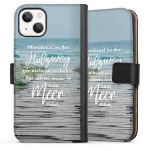 DeinDesign Handyhülle "Strand Motivation Spruch Holzweg", Apple iPhone 13 Hülle Handy Flip Case Wallet Cover Handytasche Leder