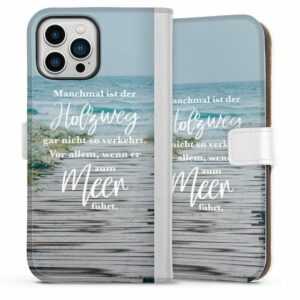 DeinDesign Handyhülle "Strand Motivation Spruch Holzweg", Apple iPhone 13 Pro Max Hülle Handy Flip Case Wallet Cover