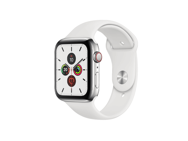 Apple Apple Watch Serie 5 | 44mm | Stainless Steel Silber | Weißes Sportarmband | GPS | WiFi + 4G