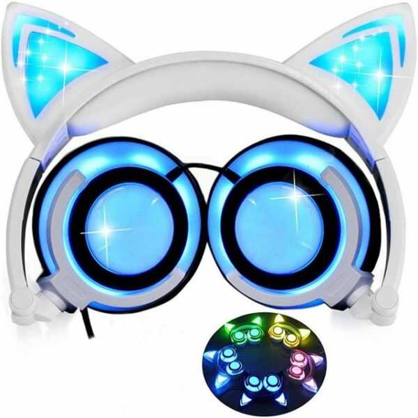 BEARSU "Katze Ohr Kopfhörer mit LED Glowing Blinken,Faltbarer Wiederaufladbare Wired Headset für Mädchen,Kinder, kompatibel für Notebook PC, Smartphone,MP3" Over-Ear-Kopfhörer