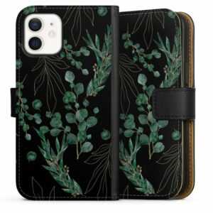 DeinDesign Handyhülle "Eukalyptus Blätter Natur Eukalyptusblätter Black", Apple iPhone 12 Hülle Handy Flip Case Wallet Cover Handytasche Leder