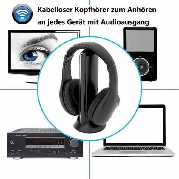 GLiving "Over-Ear Funk-Kopfhörer (z.B. für TV/HiFi/Smartphone/Tablet/PC/Laptop, mit Ladestation, kabellose Reichweite 30m) Wireless Stereo Headphones, schwarz" Funk-Kopfhörer