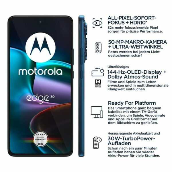 Motorola Edge 30 128GB, Handy (Meteor Grey, Dual SIM, Android 12, 8 GB) Smartphone