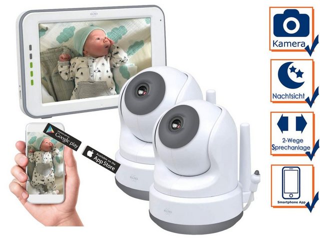 Elro Video-Babyphone, Nachtlichtfunktion & 3 Schlaflieder, Baby Cam mit Kameras für 2 Kinder – Monitor und Handy App
