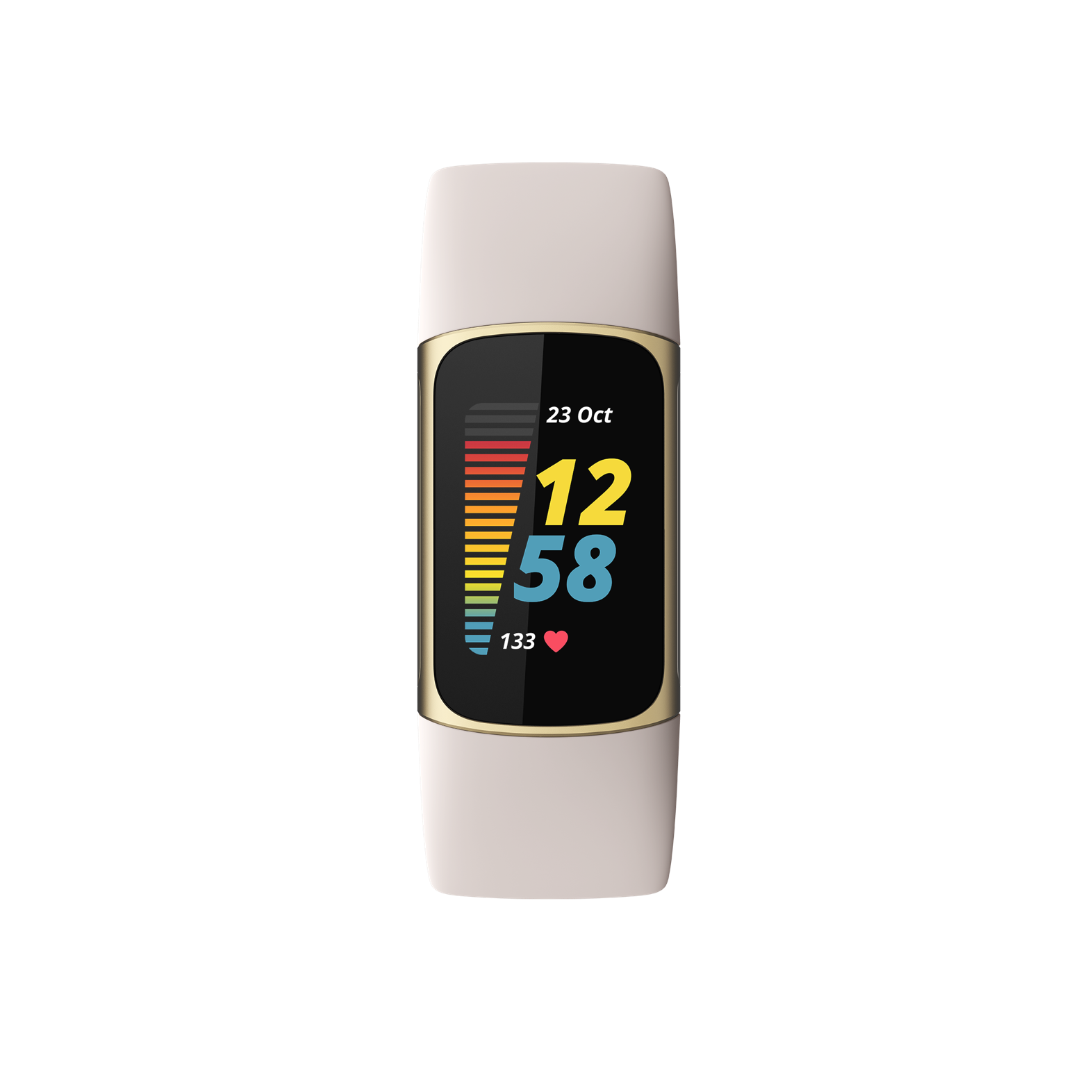 Fitbit Charge 5 – Edelstahl in Soft Gold – Aktivitätsmesser mit band – Silikon – Lunar White – Handgelenkgröße: 130-210 mm – Anzeige 2,6 cm (1,04) – Bluetooth, NFC (FB421GLWT)