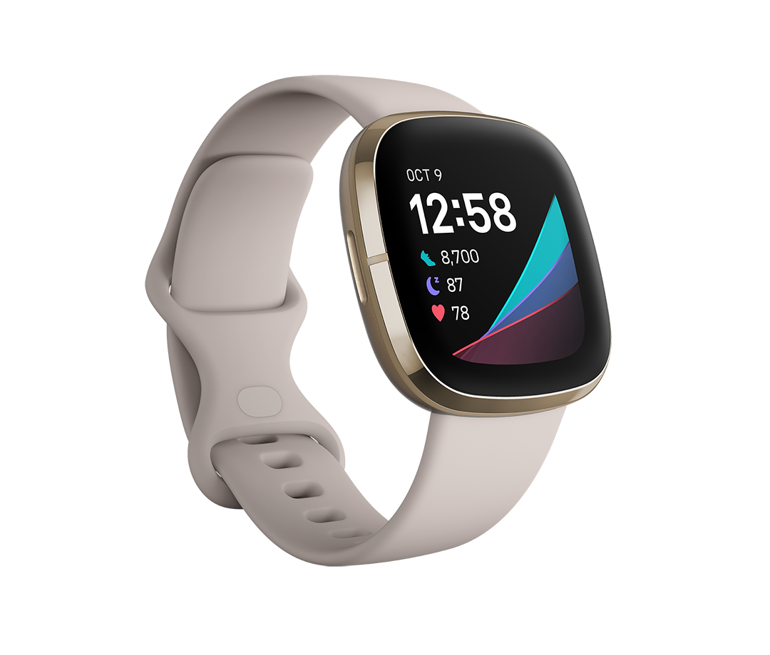 Fitbit Sense – Edelstahl in Soft Gold – intelligente Uhr mit Band – Silikon – Lunar White – Bandgröße 140-220 mm – S/L – Wi-Fi, NFC, Bluetooth (FB512GLWT)