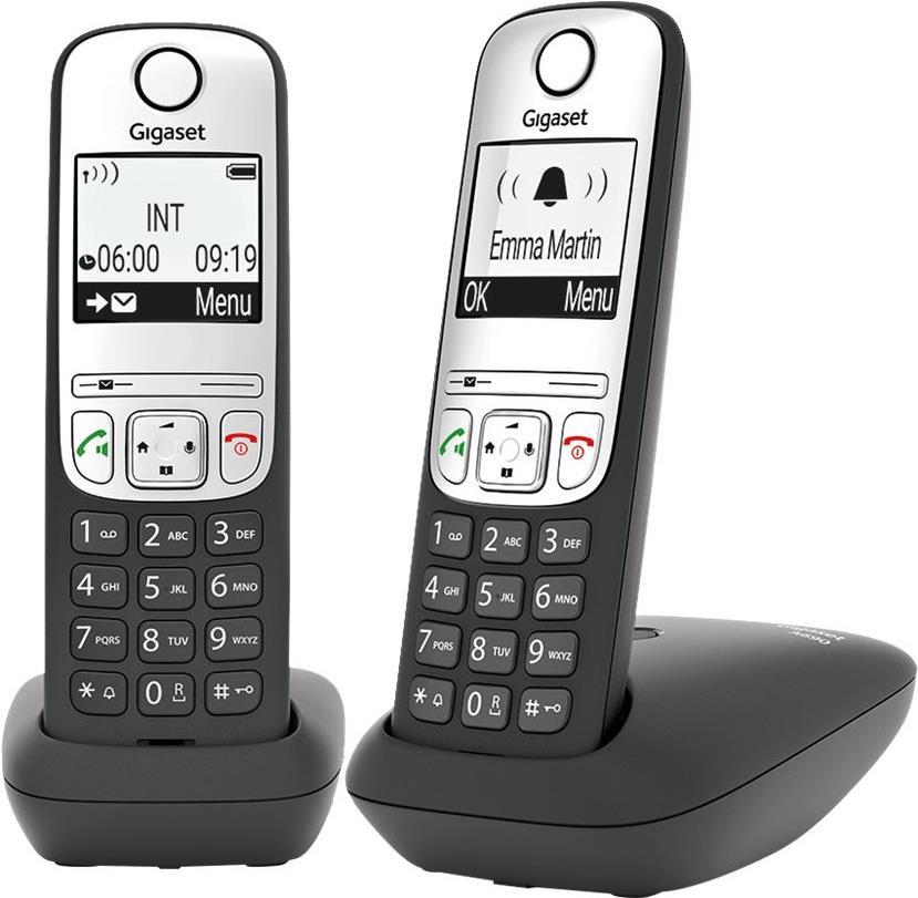 Gigaset A690 Duo – Schnurlostelefon mit Rufnummernanzeige – ECO DECTGAP – dreiweg Anruffunktion – Schwarz + zusätzliches Handset (L36852-H2810-B101)