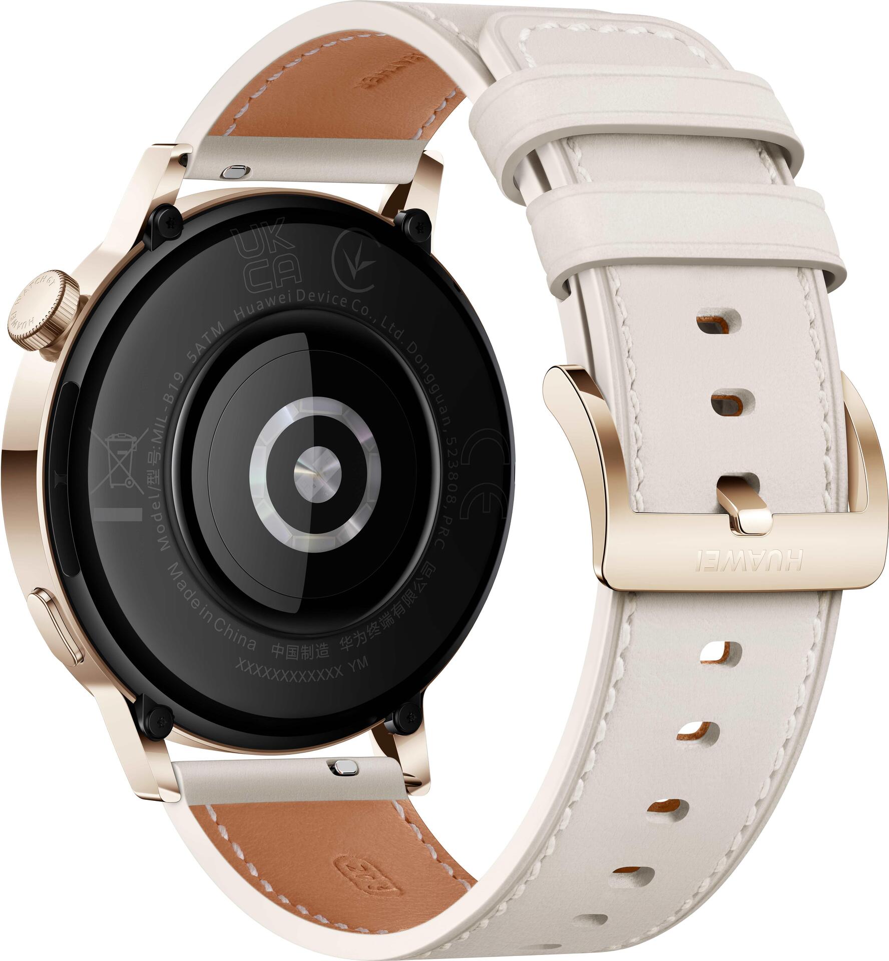 Huawei Watch GT 3 – Elegant Edition – 42 mm – Gold, Edelstahl – intelligente Uhr mit Riemen – Leder – weiß – Handgelenkgröße: 130-190 mm – Anzeige 3.4 cm (1.32) – 4 GB – Bluetooth – 35 g