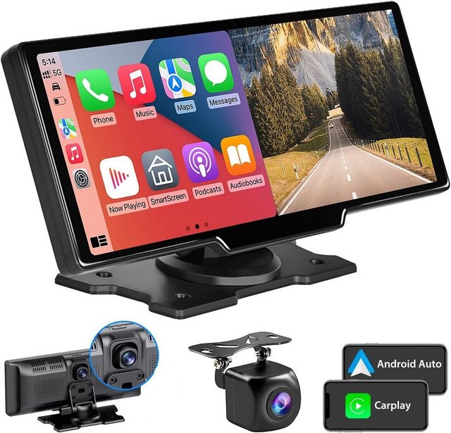 GABITECH 9 Zoll Carplay Smartphone Monitor inkl 2 Kameras & Sprachsteuerung Navigationsgerät (Bluetooth, 1 DVR Dashcam & Videoaufzeichnung, 1 Rückfahrkamera, WiFi)
