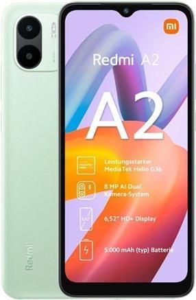 Xiaomi Redmi A2 – 4G Smartphone – Dual-SIM – RAM 2 GB / Interner Speicher 32 GB – microSD slot – 6.52 – 1600 x 720 Pixel – 2 x Rückkamera 8 MP, 0.08 MP – front camera 5 MP – Hellgrün