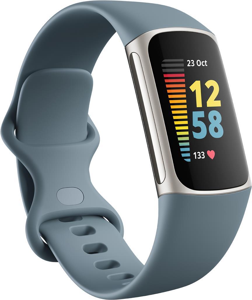 Fitbit Charge 5 – Platinum stainless steel – Aktivitätsmesser mit band – Silikon – Blue Steel – Handgelenkgröße: 130-210 mm – Anzeige 2,6 cm (1,04) – Bluetooth, NFC (FB421SRBU)