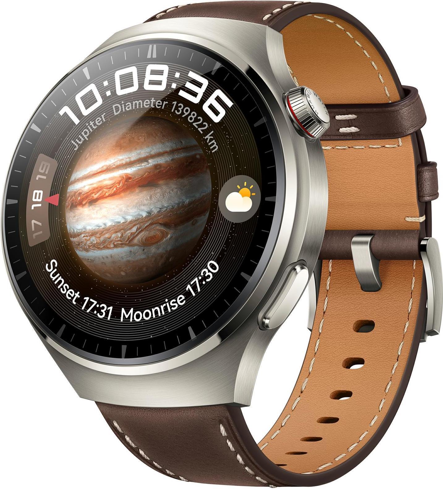 Huawei Watch 4 Pro – Titan – intelligente Uhr mit Riemen – Leder – dunkelbraun – Handgelenkgröße: 140-210 mm – Anzeige 3,8 cm (1.5) – 32GB – Wi-Fi, LTE, NFC, Bluetooth – 4G – 65 g (55020AMG)