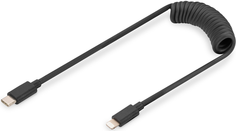 DIGITUS – Lightning-Kabel – 24 pin USB-C männlich zu Lightning männlich – 1,0m – Schwarz – unterstützt Stromversorgung, Spirale, bis zu 480 Mbps – für Apple 10.2 iPad, AirPods Max, AirPods Pro, iPhone 11, 12, 13, 14, SE (AK-600434-006-S)