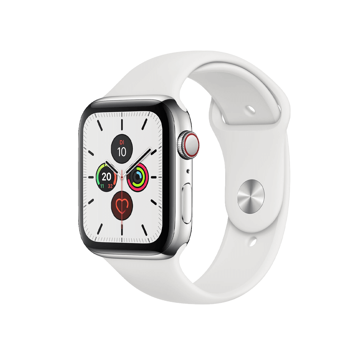 Refurbished Apple Watch Serie 5 | 44mm | Stainless Steel Silber | Weißes Sportarmband | GPS | WiFi + 4G A-grade