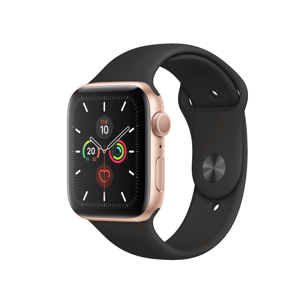 Refurbished Apple Watch Serie 5 | 44mm | Aluminiumgehäuse Gold | Schwarzes Sportarmband | GPS | WLAN + 4G A-grade