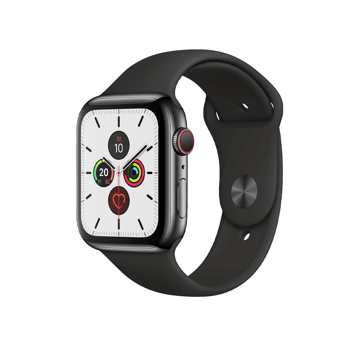 Refurbished Apple Watch Series 5 | 44mm | Stainless Steel Schwarz | Schwarzes Sportarmband | GPS | WiFi + 4G A-grade