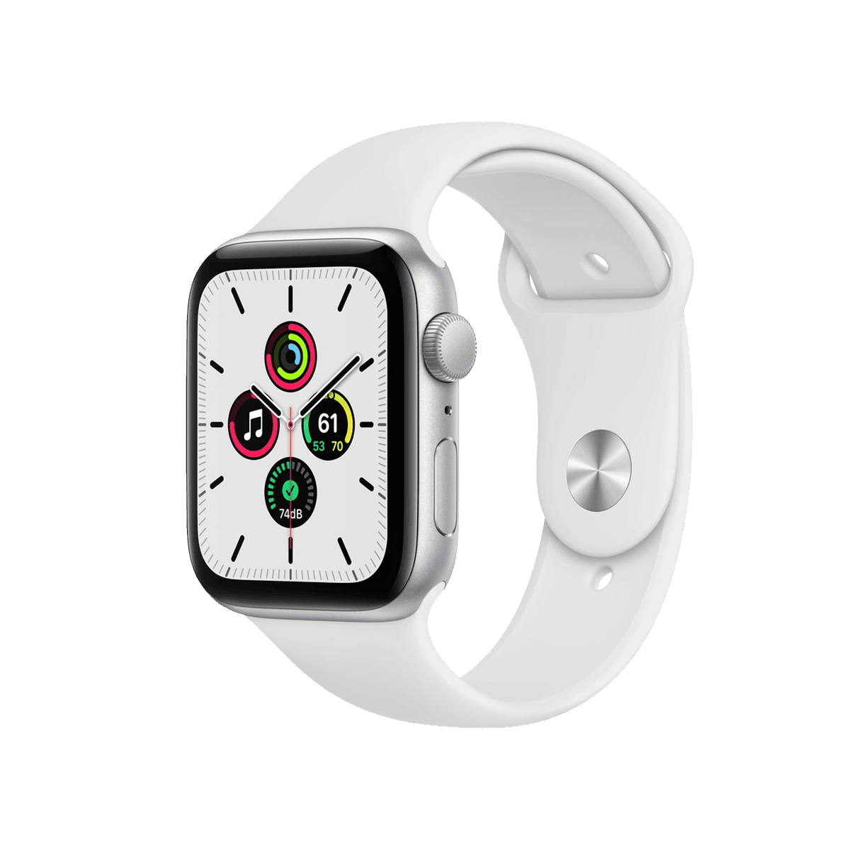 Refurbished Apple Watch Serie SE | 44mm | Aluminiumgehäuse Silber | Weißes Sportarmband | GPS | WLAN + 4G A-grade