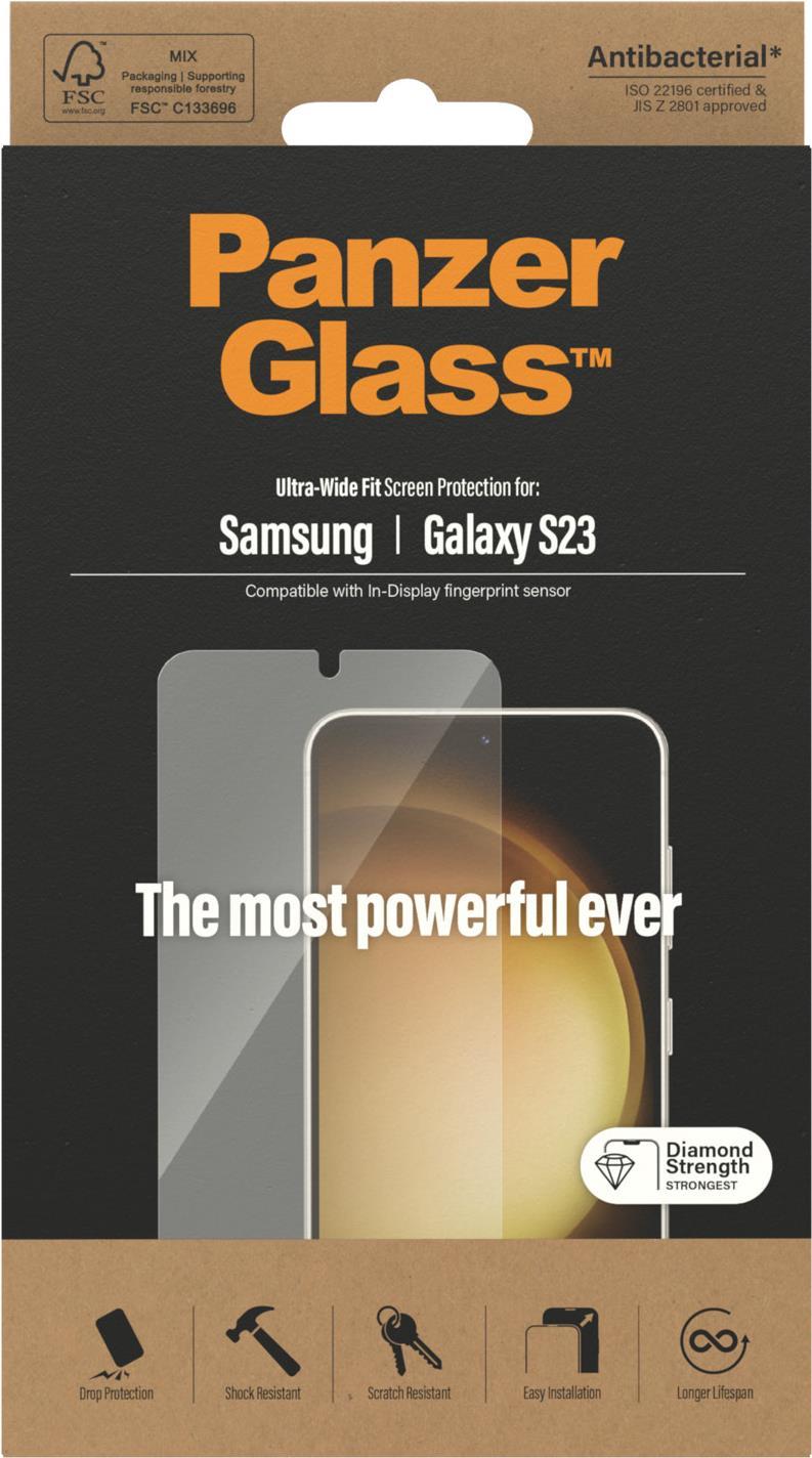 PanzerGlass  Displayschutz Samsung Galaxy S23 – Ultra-Wide Fit – Samsung – Samsung – Galaxy S23 – Trockene Anwendung – Kratzresistent – Schockresistent – Antibakteriell – Transparent – 1 Stück(e) (7322)