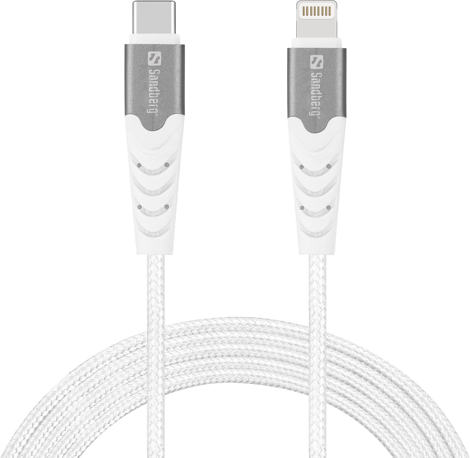 Sandberg – Lightning-Kabel – 24 pin USB-C männlich zu Lightning männlich – 2,0m – MFI Certified – weiß – USB Power Delivery – für Apple 10.2 iPad, AirPods Max, AirPods Pro, iPhone 11, 12, 13, 14, SE (136-48)